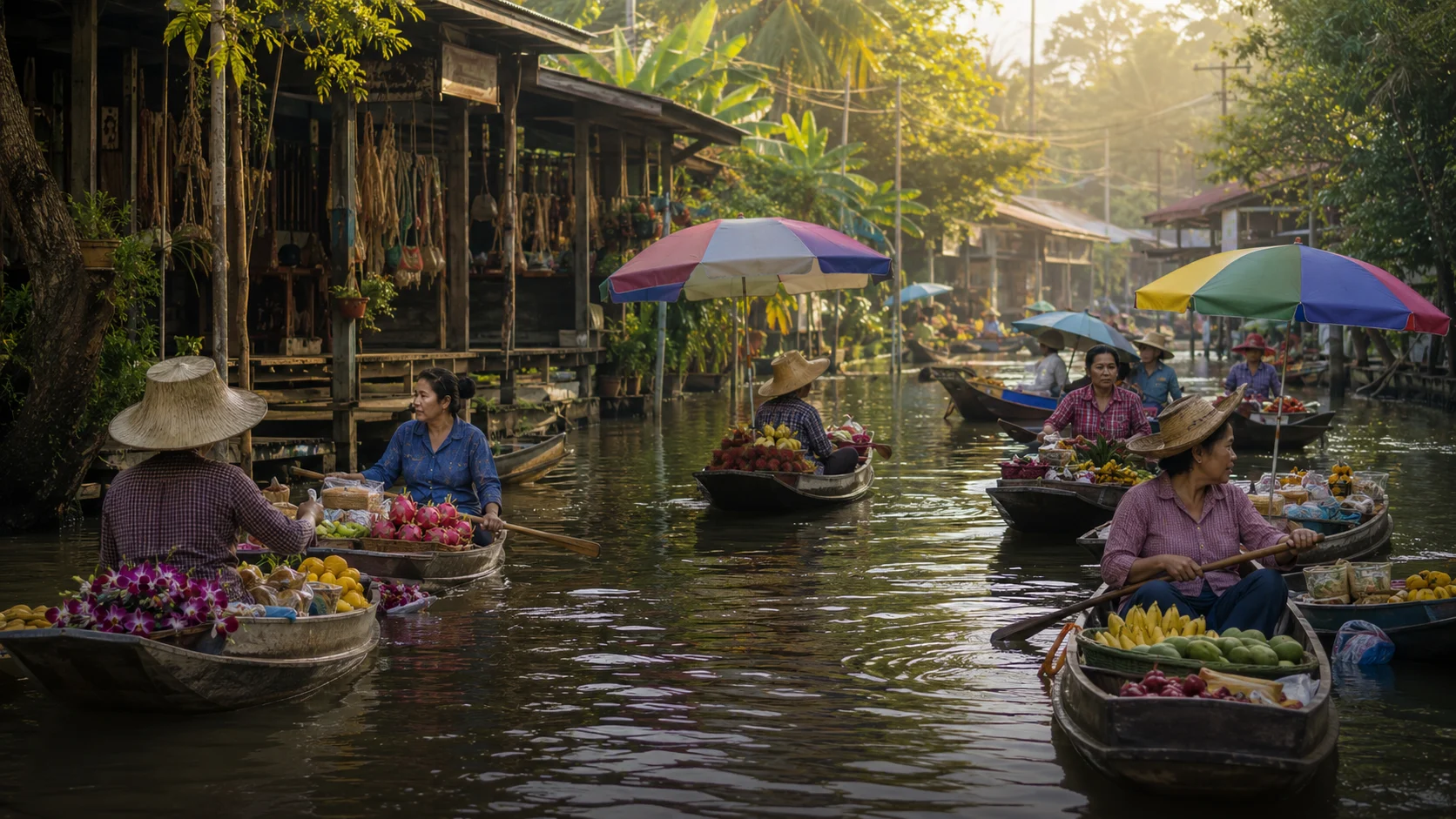 A natural Thai floating market with local vendors and wooden boats carrying colorful fruit and flowers
